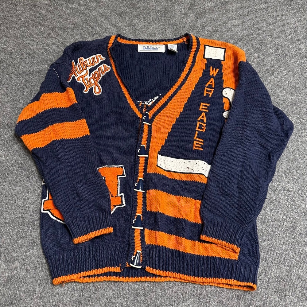 Belle Pointe Cardigan Sweater Womens Size L Auburn Tigers Blue Cotton Ramie Knit